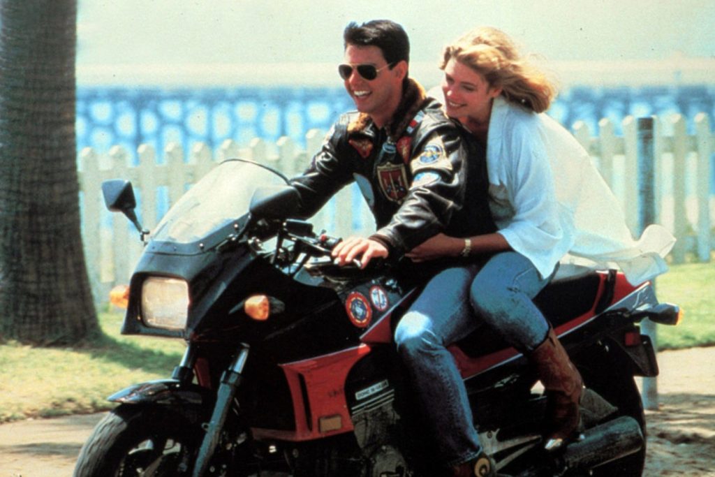 Tom Cruise and Kelly McGillis on the Kawasaki GPZ 900 in Top Gun (1986)